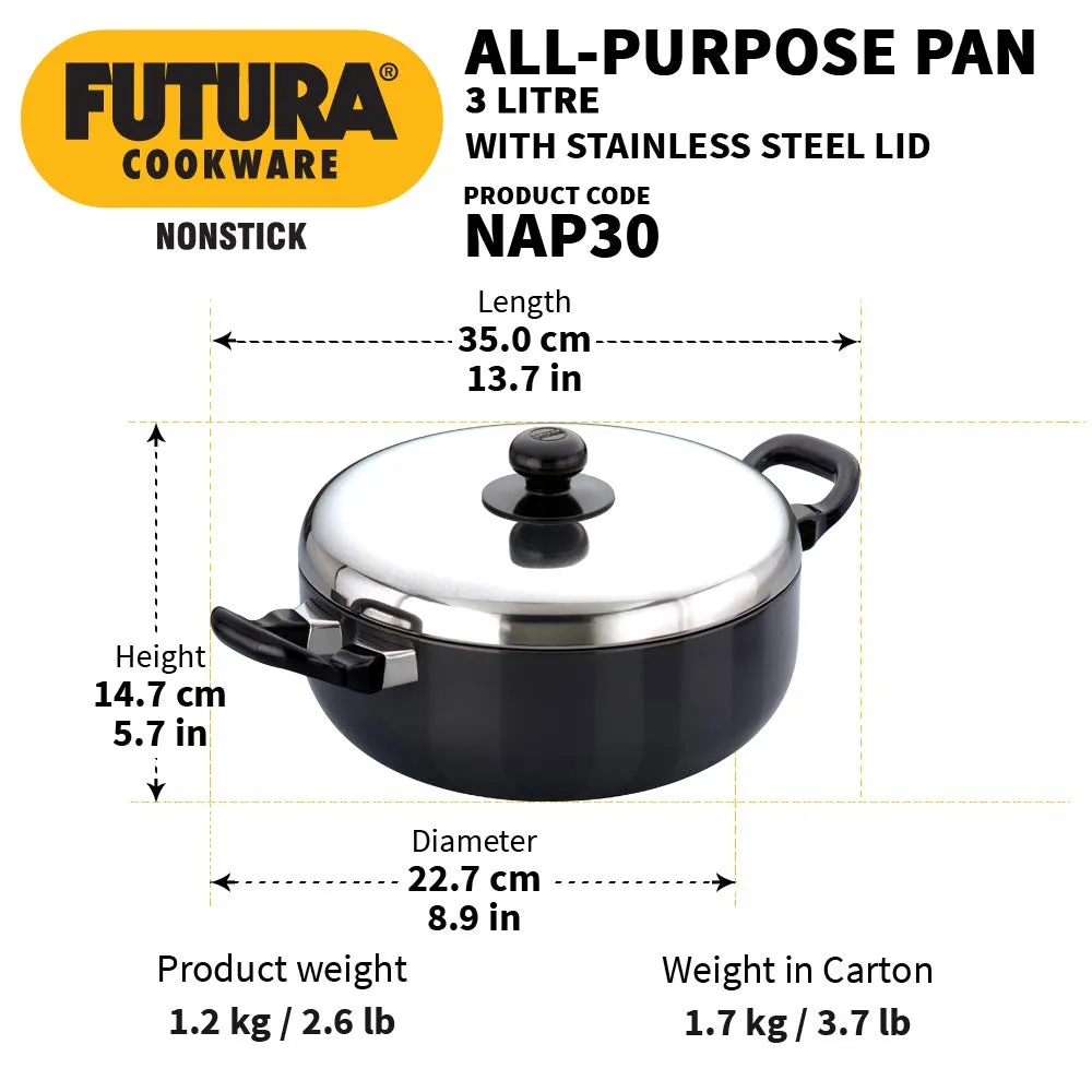 Hawkins Futura Non-Stick All-Purpose Pans with Steel Lid, 3.0 litres NAP30