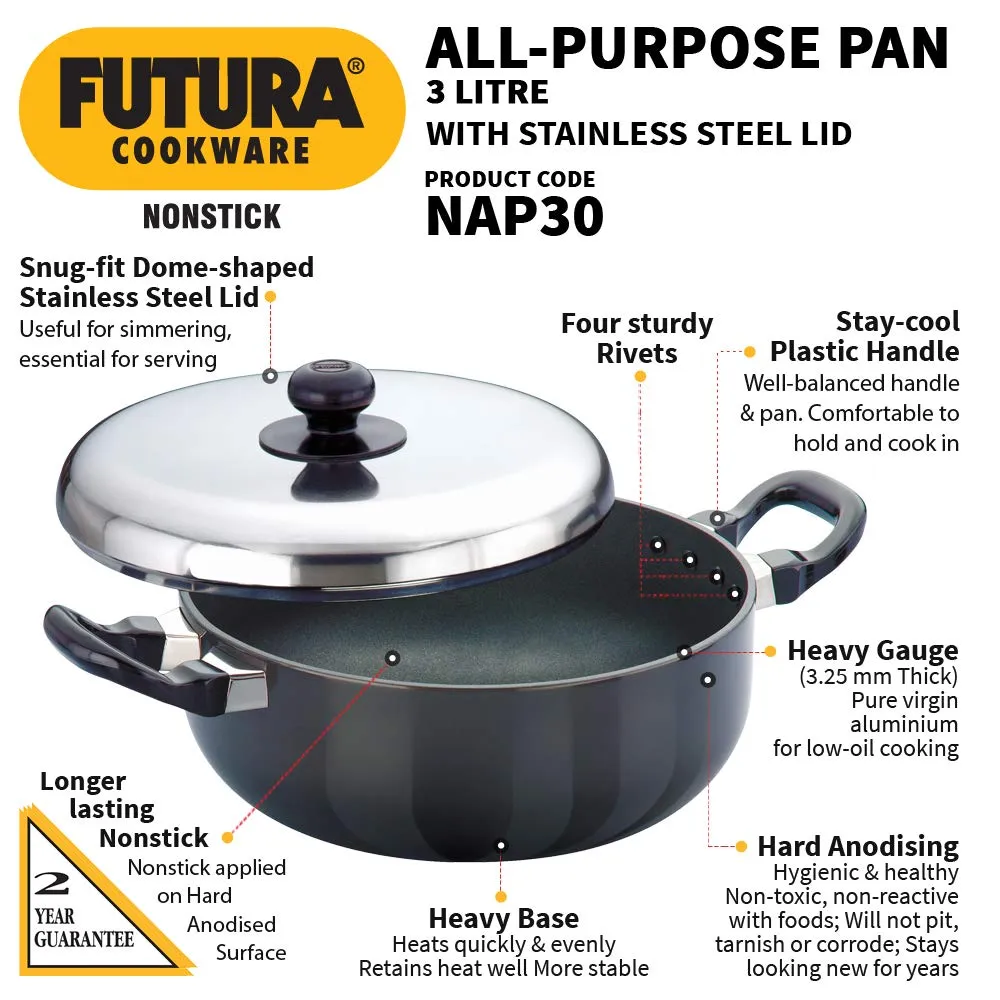 Hawkins Futura Non-Stick All-Purpose Pans with Steel Lid, 3.0 litres NAP30