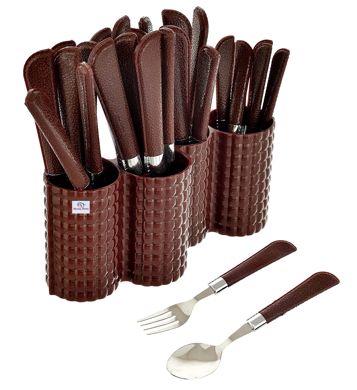 Heart Home Premium ABS Plastic & Stainless Steel Cutlery Set with Stand for Kitchen/Dining, Set of 24 (Brown)
