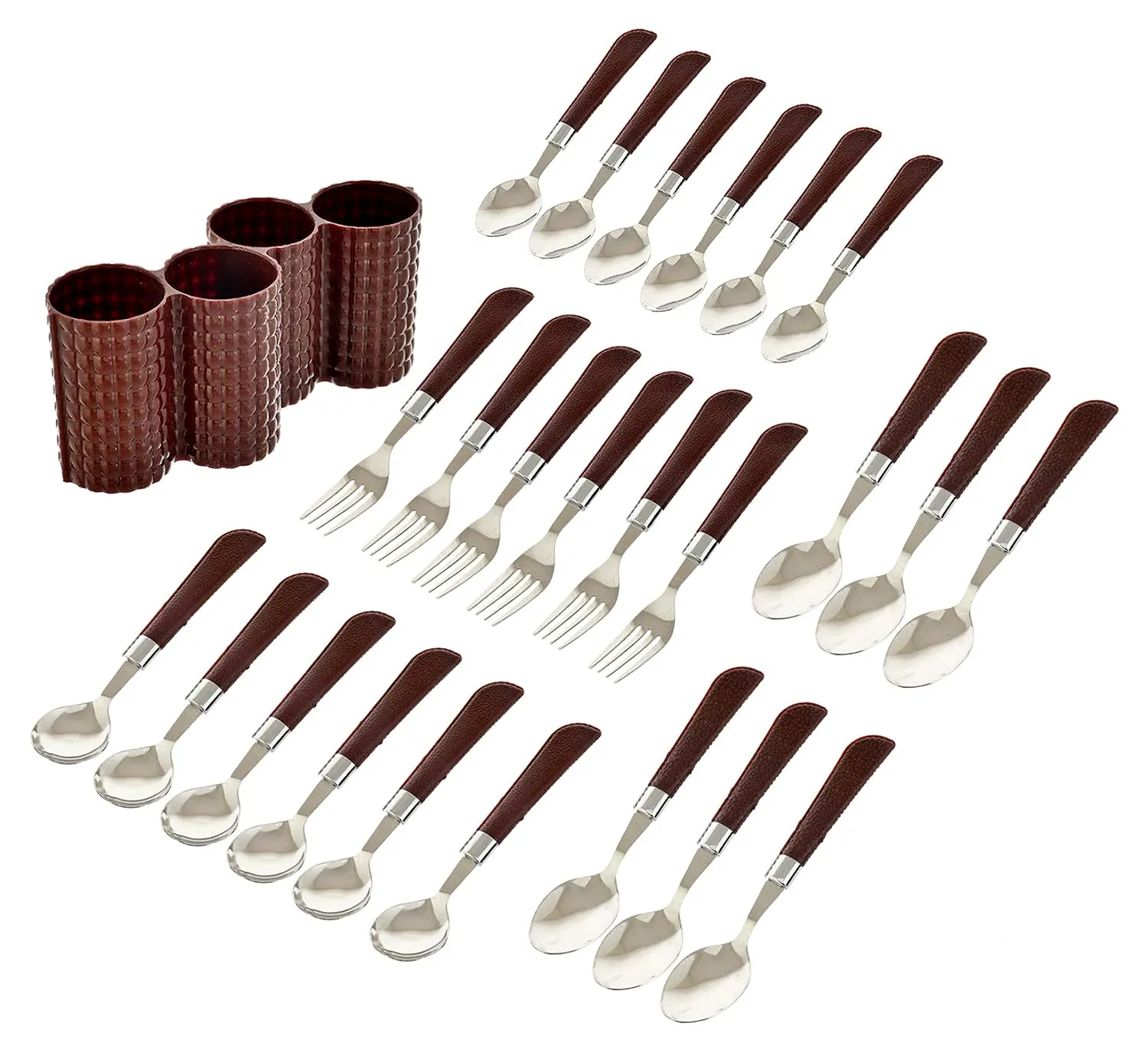 Heart Home Premium ABS Plastic & Stainless Steel Cutlery Set with Stand for Kitchen/Dining, Set of 24 (Brown)