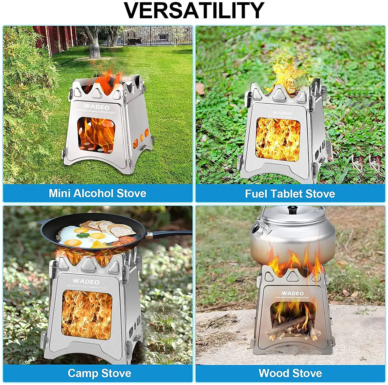 New WADEO Camping Wood Stoves, Portable Foldable Stainless Steel Camping Backpacking Stove Solidified Alcohol Stove with Grill Gate and Storage Bag For Outdoor Hiking Picnic BBQ and Cooking