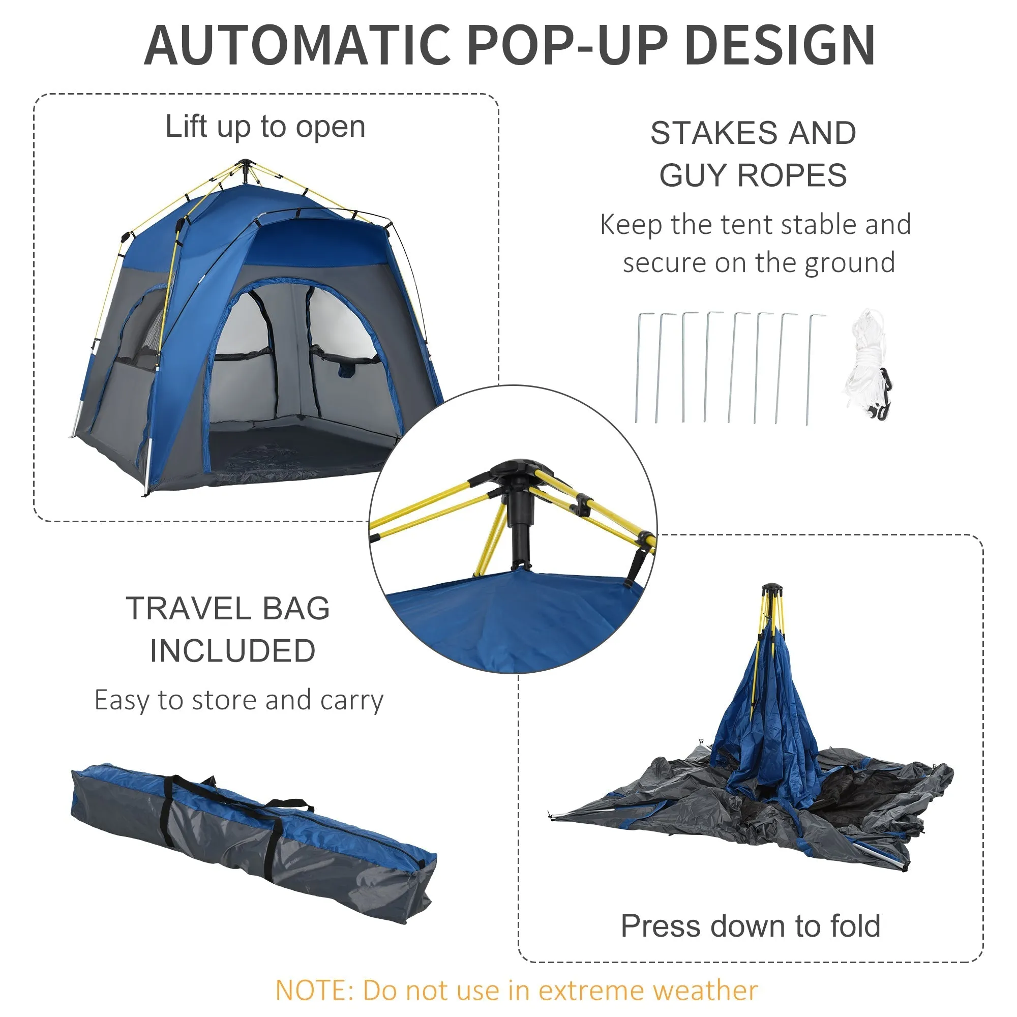 Outsunny 4 Person Automatic Camping Tent Outdoor Pop Up Tent Portable Backpacking Dome Shelter Grey