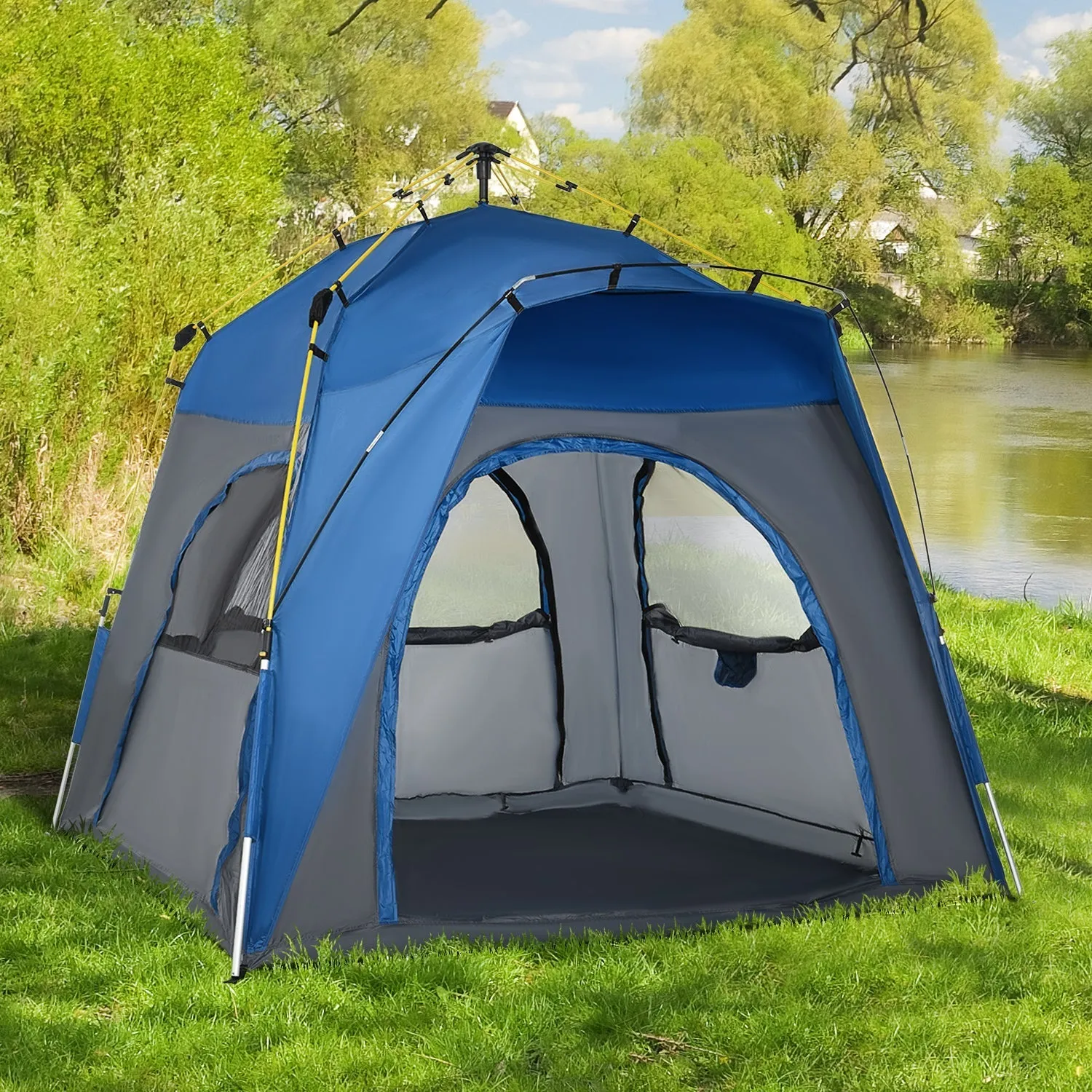 Outsunny 4 Person Automatic Camping Tent Outdoor Pop Up Tent Portable Backpacking Dome Shelter Grey