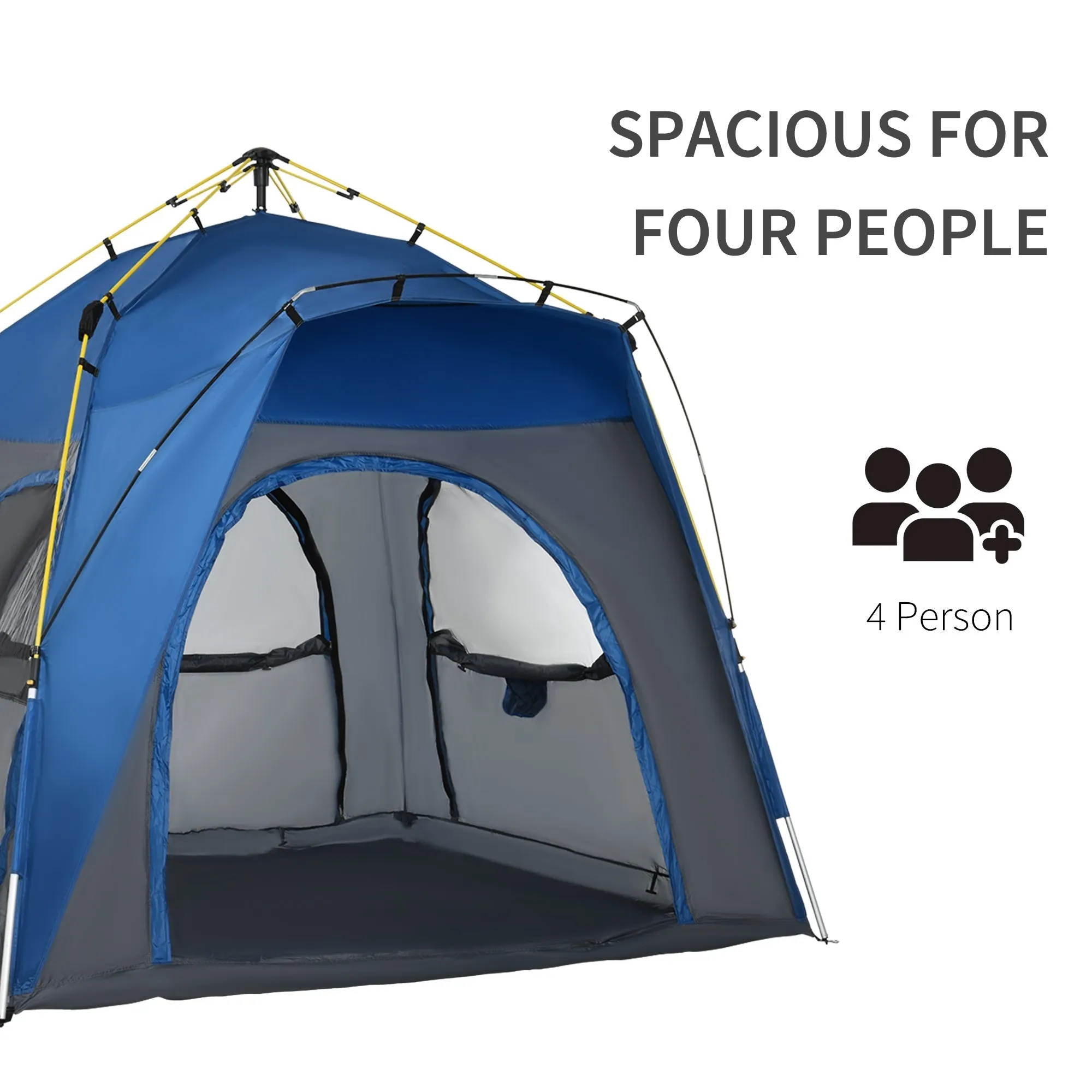 Outsunny 4 Person Automatic Camping Tent Outdoor Pop Up Tent Portable Backpacking Dome Shelter Grey