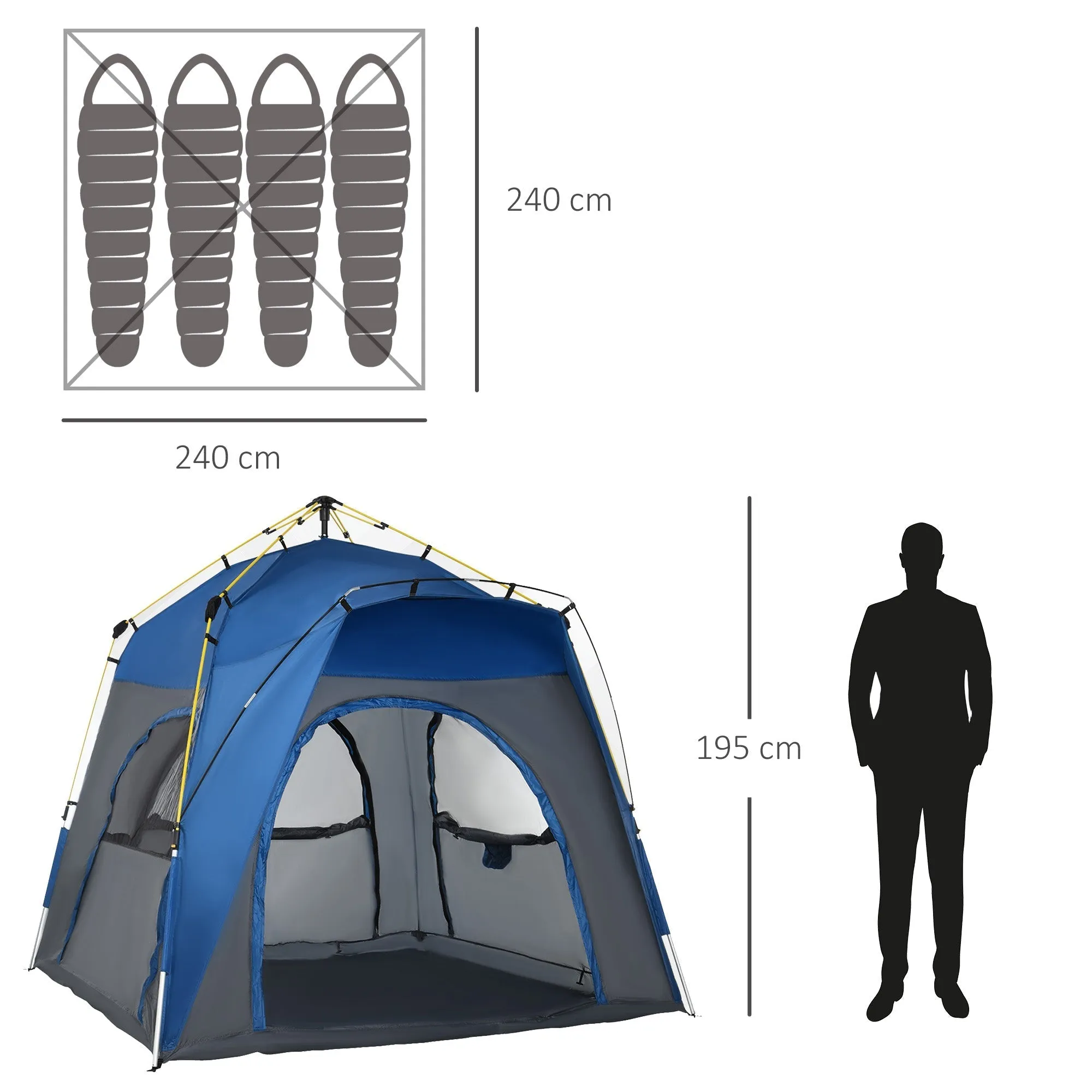 Outsunny 4 Person Automatic Camping Tent Outdoor Pop Up Tent Portable Backpacking Dome Shelter Grey