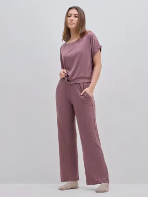 Wunderlove Mauve Ribbed High-Rise Cotton-Blend Lounge Pants