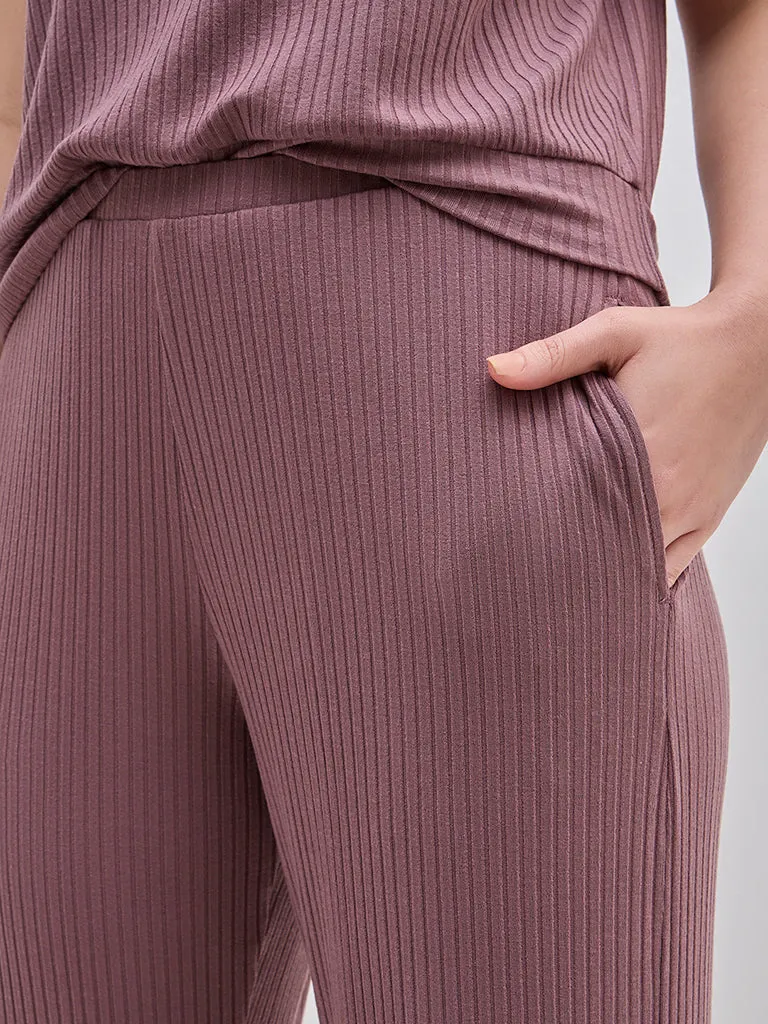 Wunderlove Mauve Ribbed High-Rise Cotton-Blend Lounge Pants