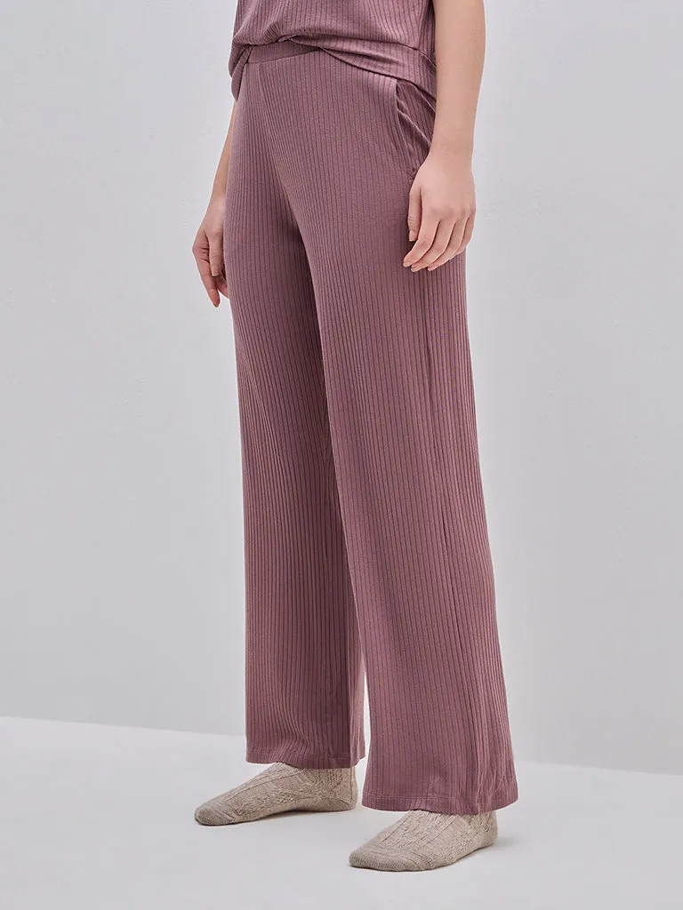 Wunderlove Mauve Ribbed High-Rise Cotton-Blend Lounge Pants