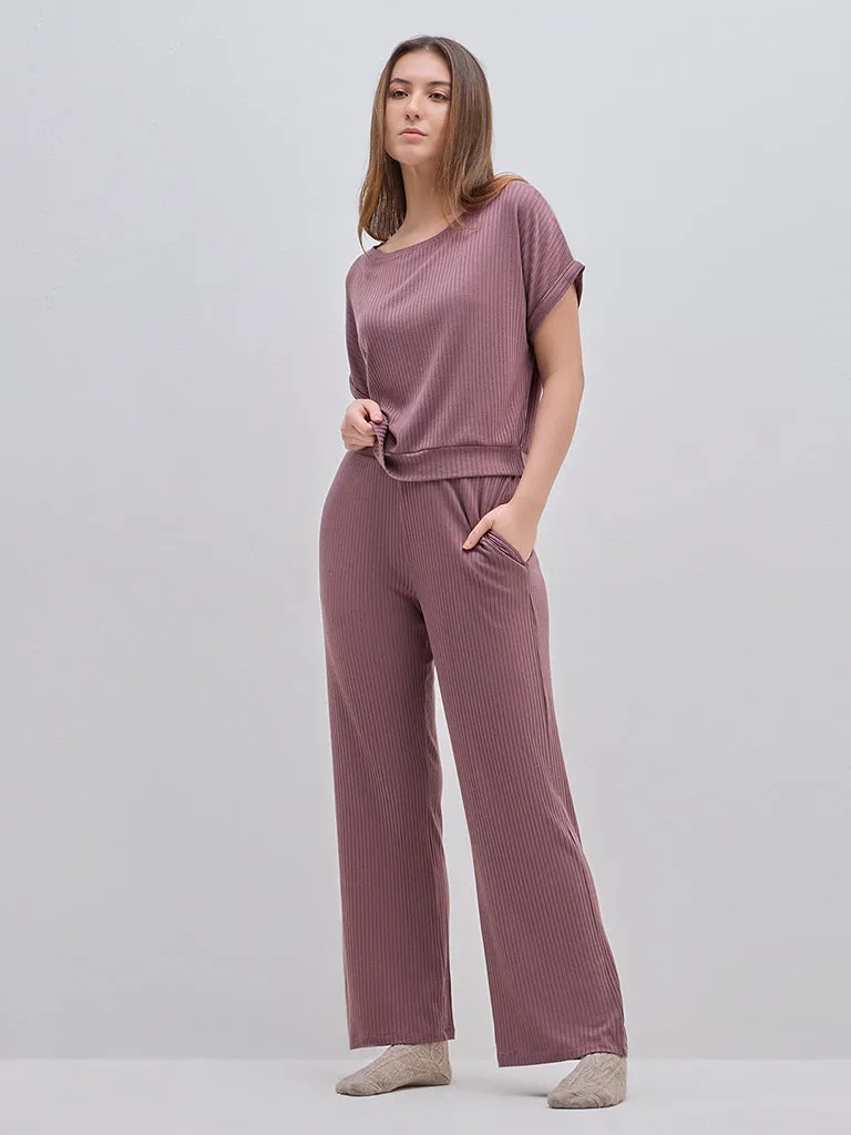 Wunderlove Mauve Ribbed High-Rise Cotton-Blend Lounge Pants